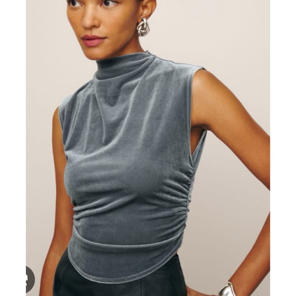 Reformation Gray Velvet Mock Neck Top XS Sleeveless Ruched Tank